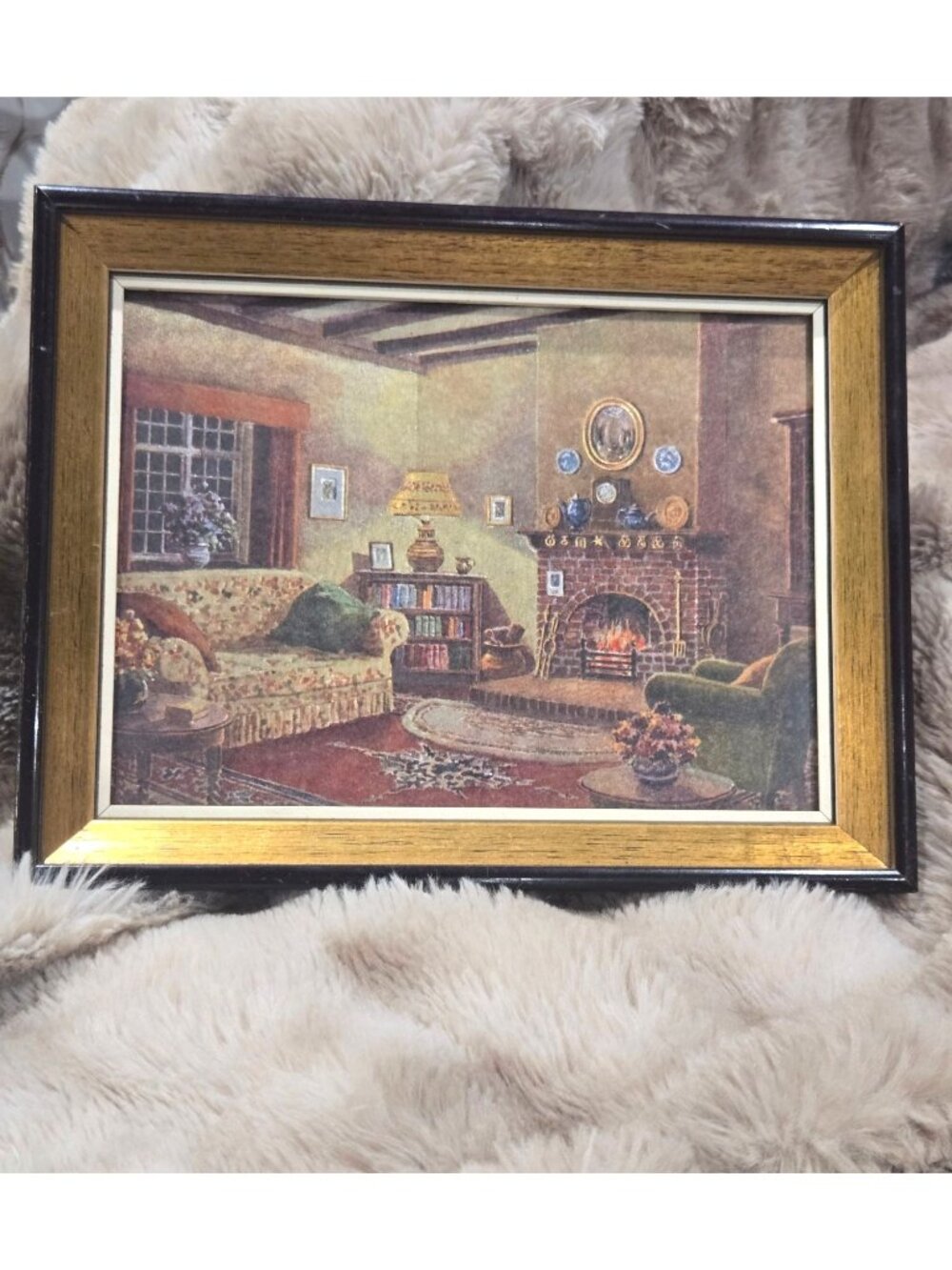 Vintage Gold Foil Framed Print of Cozy Living Room Scene Made in Holland